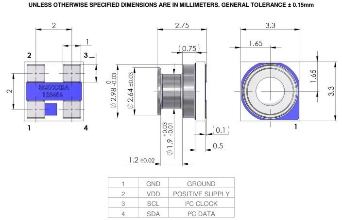 机械图纸 - TE Connectivity / Measurement Specialties MS5837-02BA26压力传感器模块